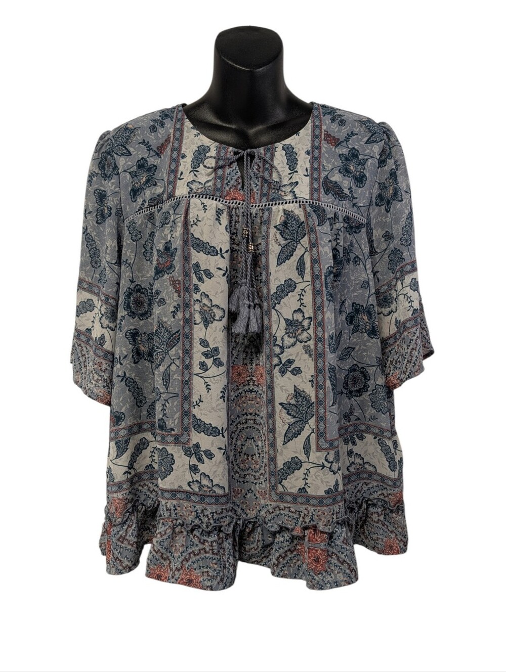Knox Rose Womens 2XL Blue White Floral Boho Tie Neck Lined Blouse Top